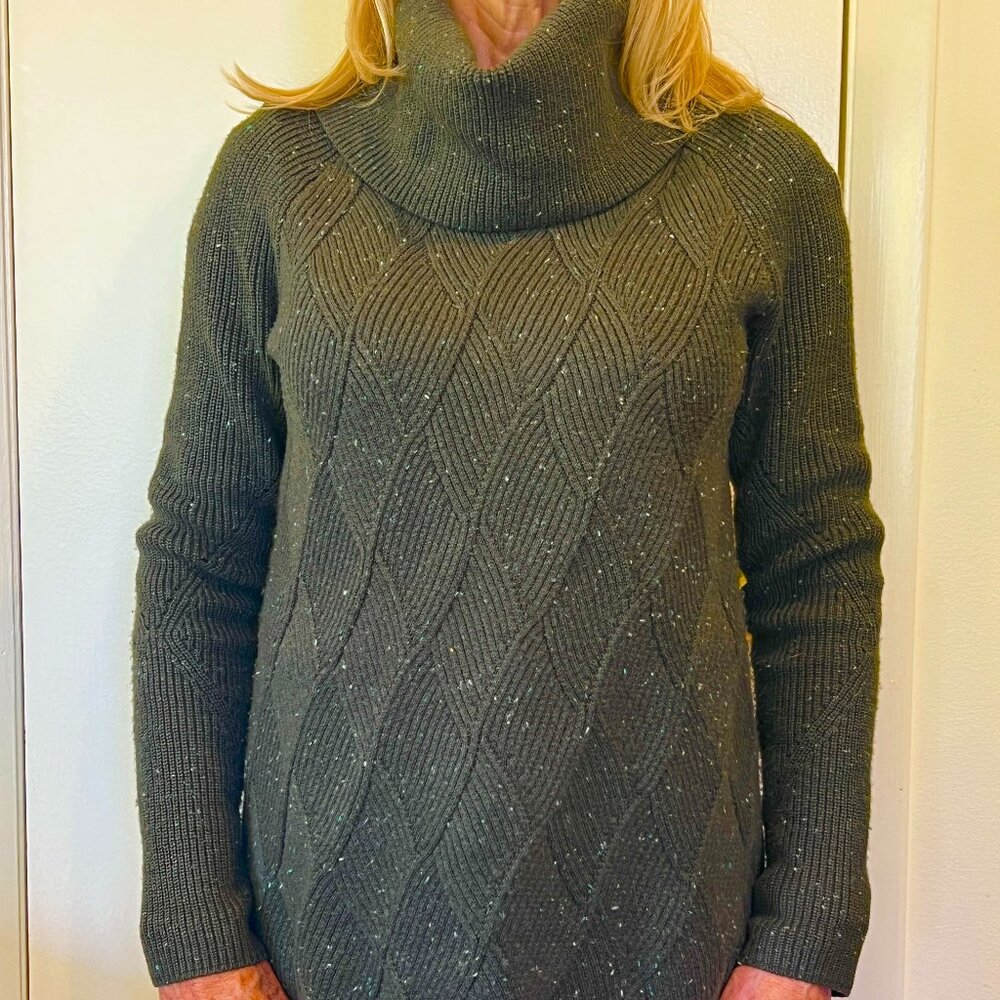 Olive Green speckled sweater from Talbots - size Petite with a Cowl Neckline